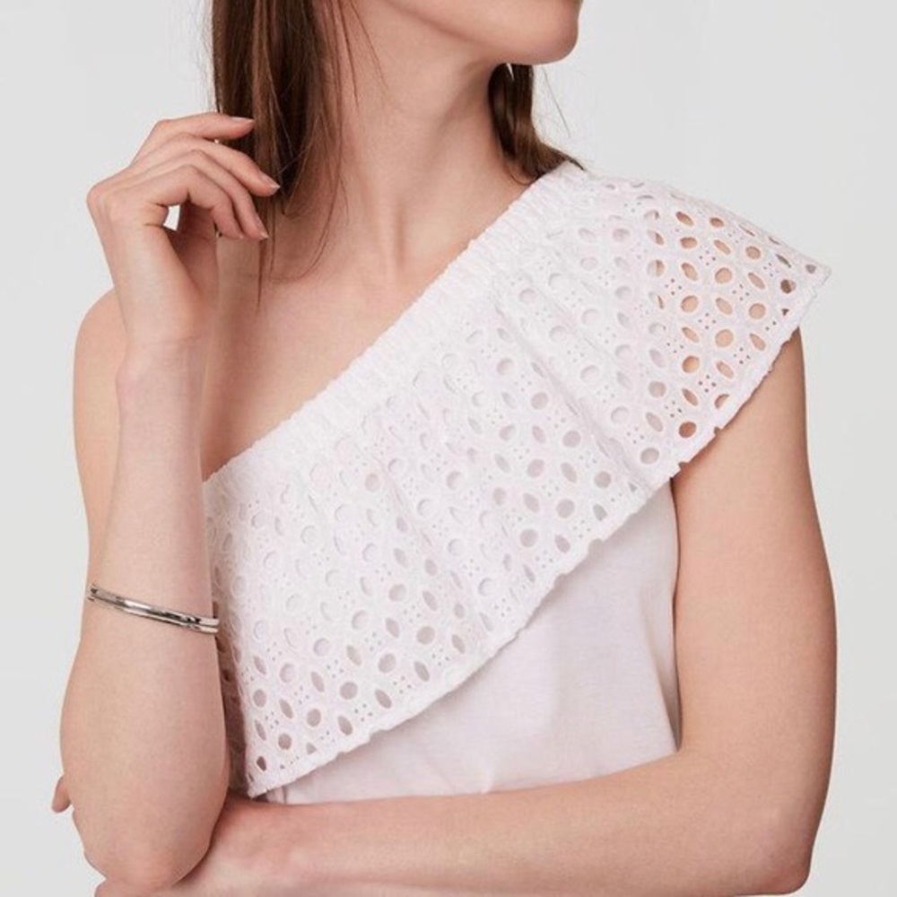 Ann Taylor LOFT White One Shoulder Eyelet Top XL